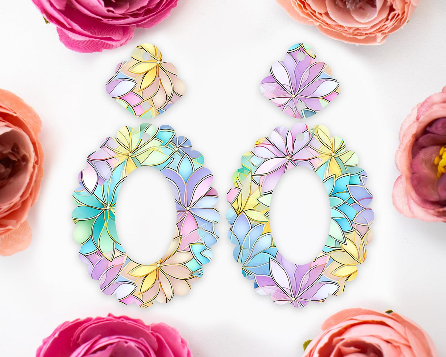 Pastel Flowers Scallop Oval Earrings Blanks