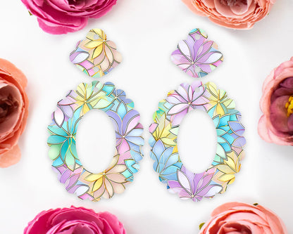 Pastel Flowers Scallop Oval Earrings Blanks