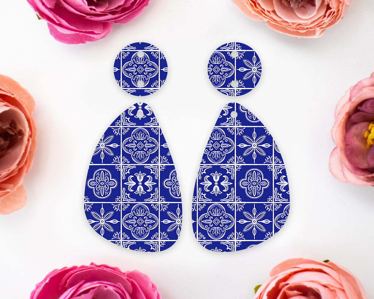 Blue Tile Pattern Teardrop Earrings Blanks