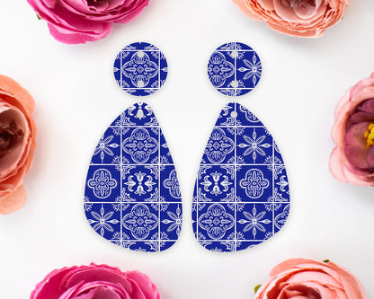 Blue Tile Pattern Teardrop Earrings Blanks