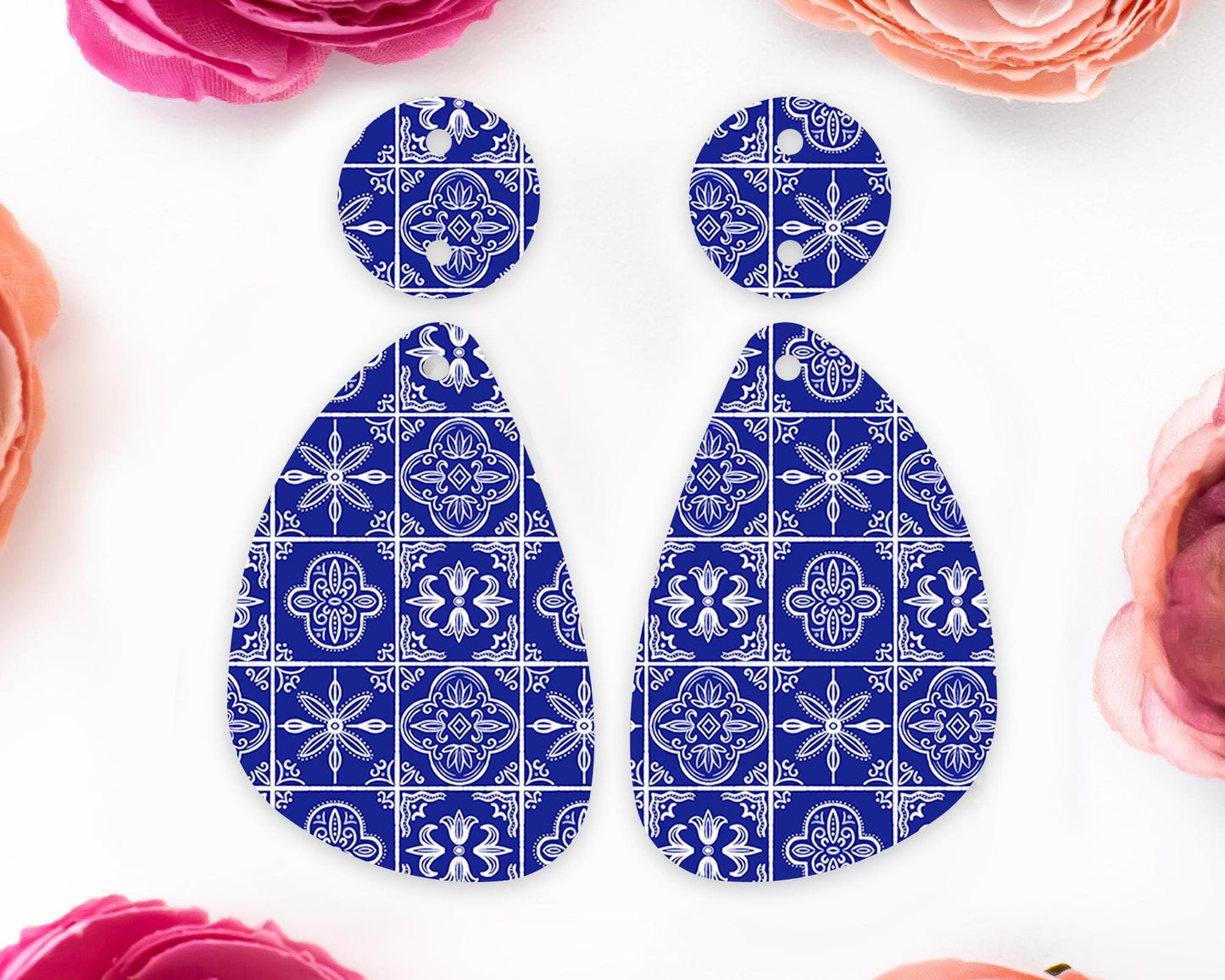 Blue Tile Pattern Teardrop Earrings Blanks
