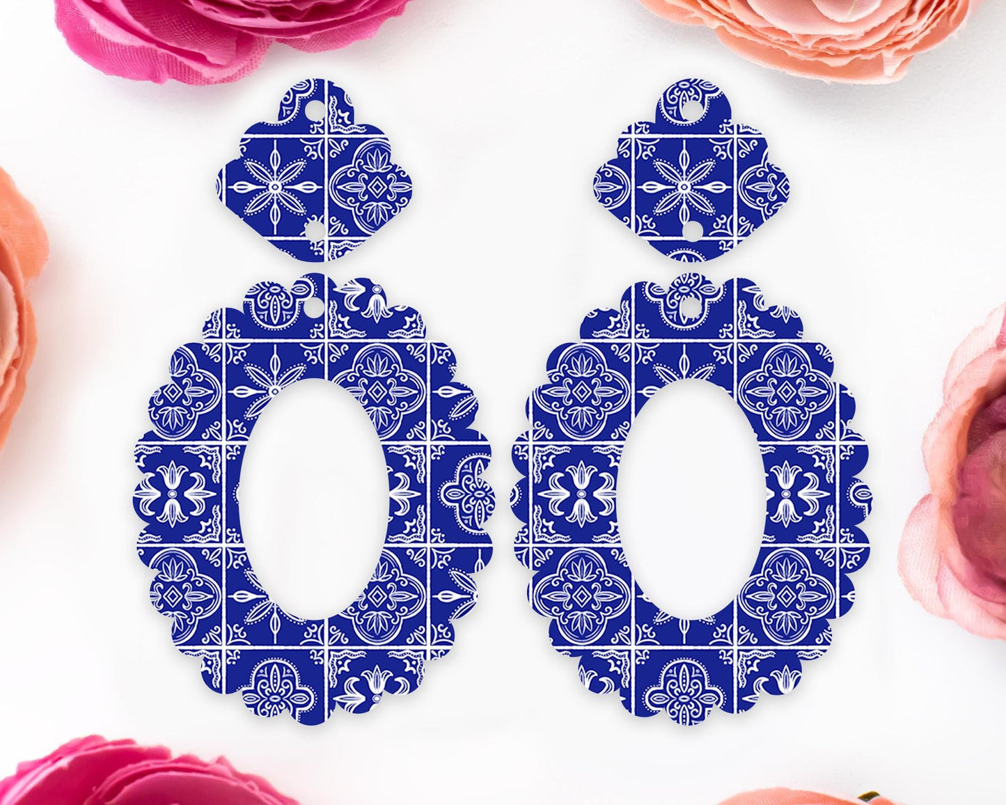 Blue Tile Scallop Oval Earrings Blanks