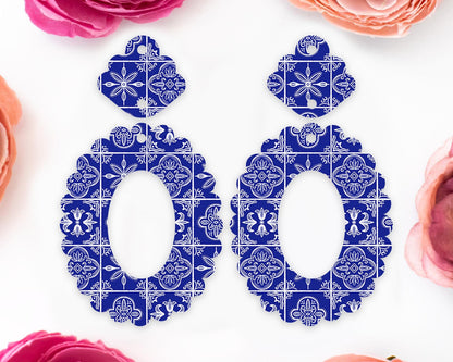 Blue Tile Scallop Oval Earrings Blanks