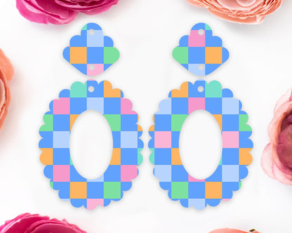 Bright Checkered Scallop Oval Earrings Blanks