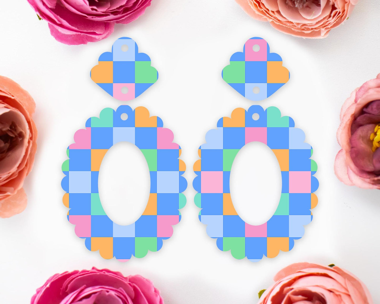 Bright Checkered Scallop Oval Earrings Blanks