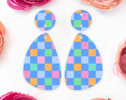 Bright Checkered Pattern Teardrop Earrings Blanks