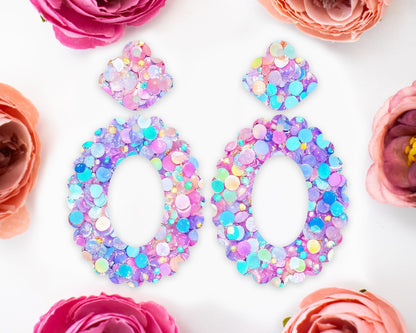 Pastel Confetti Sequins Scallop Oval Earrings Blanks