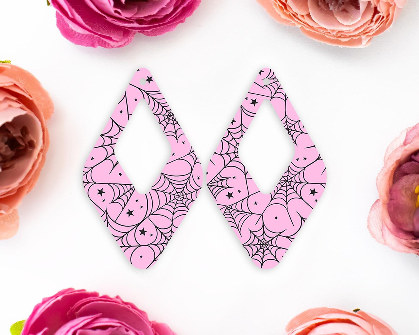 Pink Spider Webs Halloween Diamond Teardrop Earrings Blanks