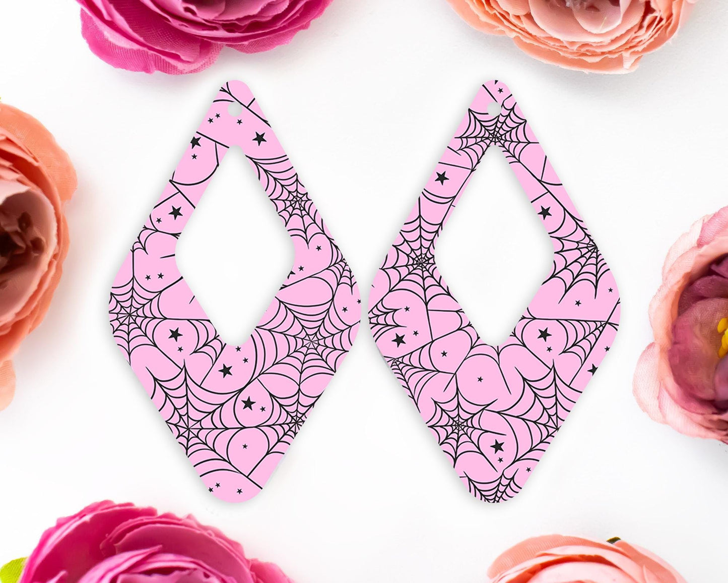 Pink Spider Webs Halloween Diamond Teardrop Earrings Blanks