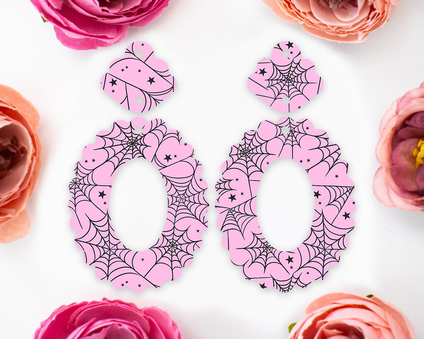 Pink Spider Webs Halloween Scallop Oval Earring Blanks