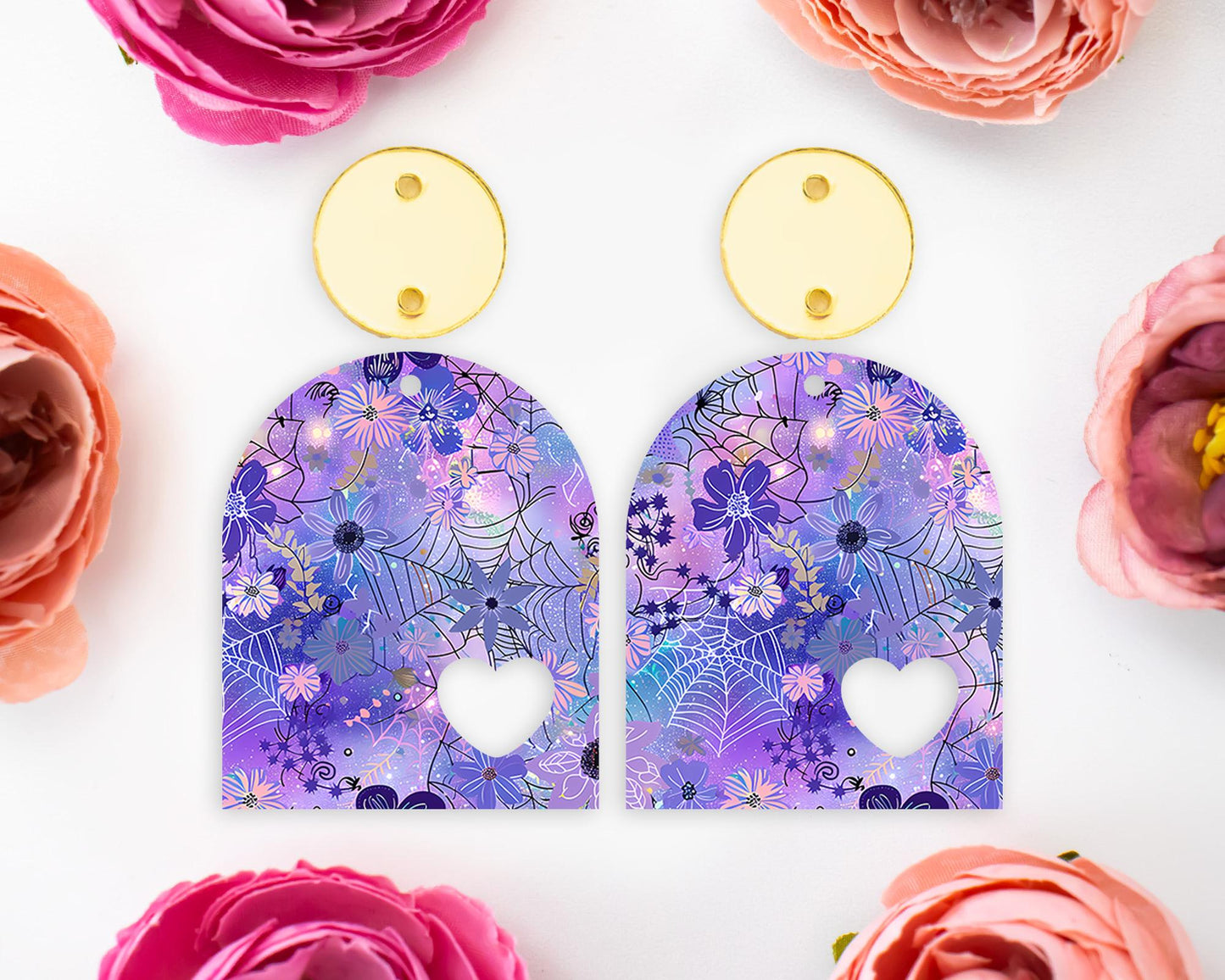 Floral Spider Web Halloween Heart Arch Earrings Blanks