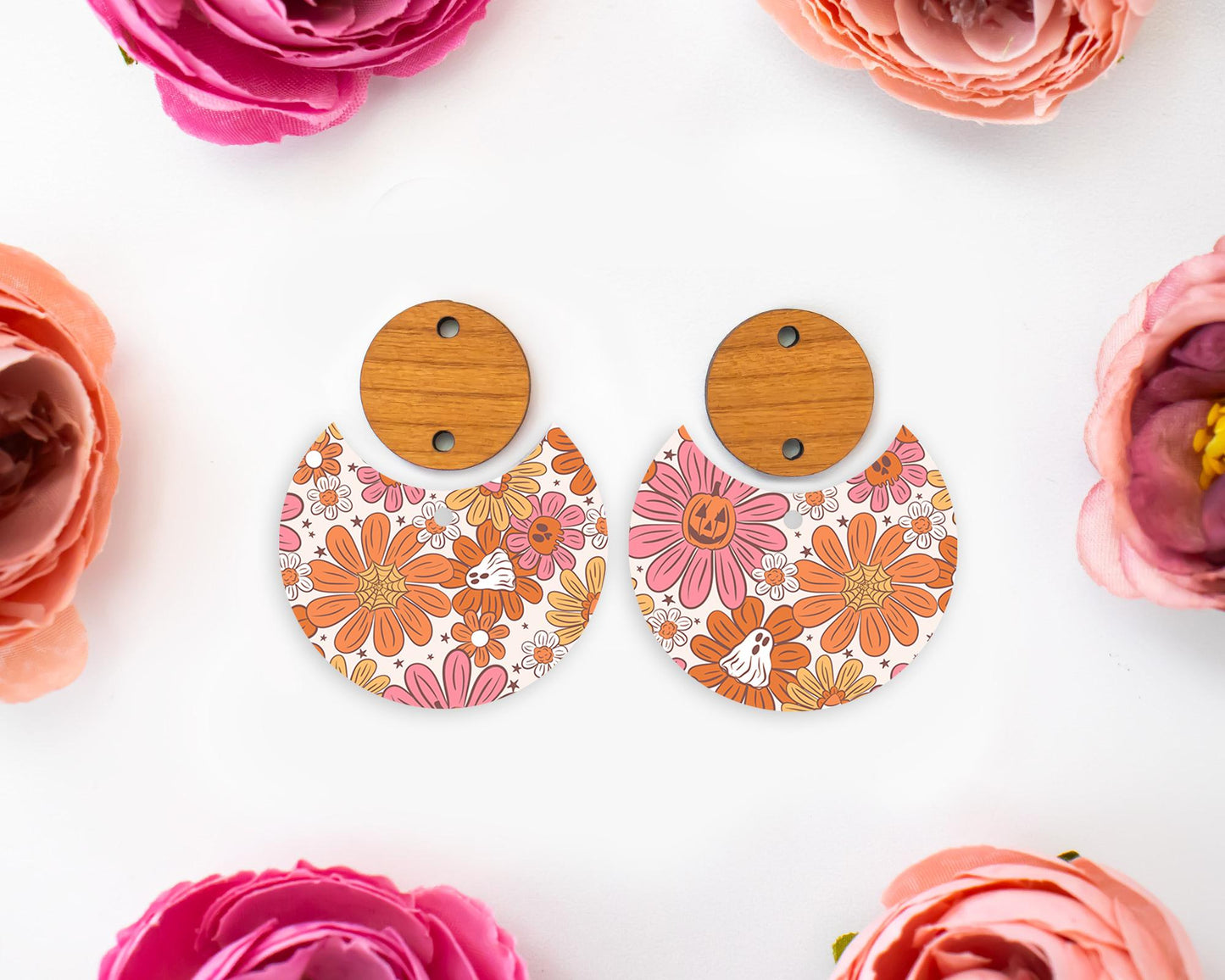 Ghost Flowers Halloween Circle Drop Earring Blanks