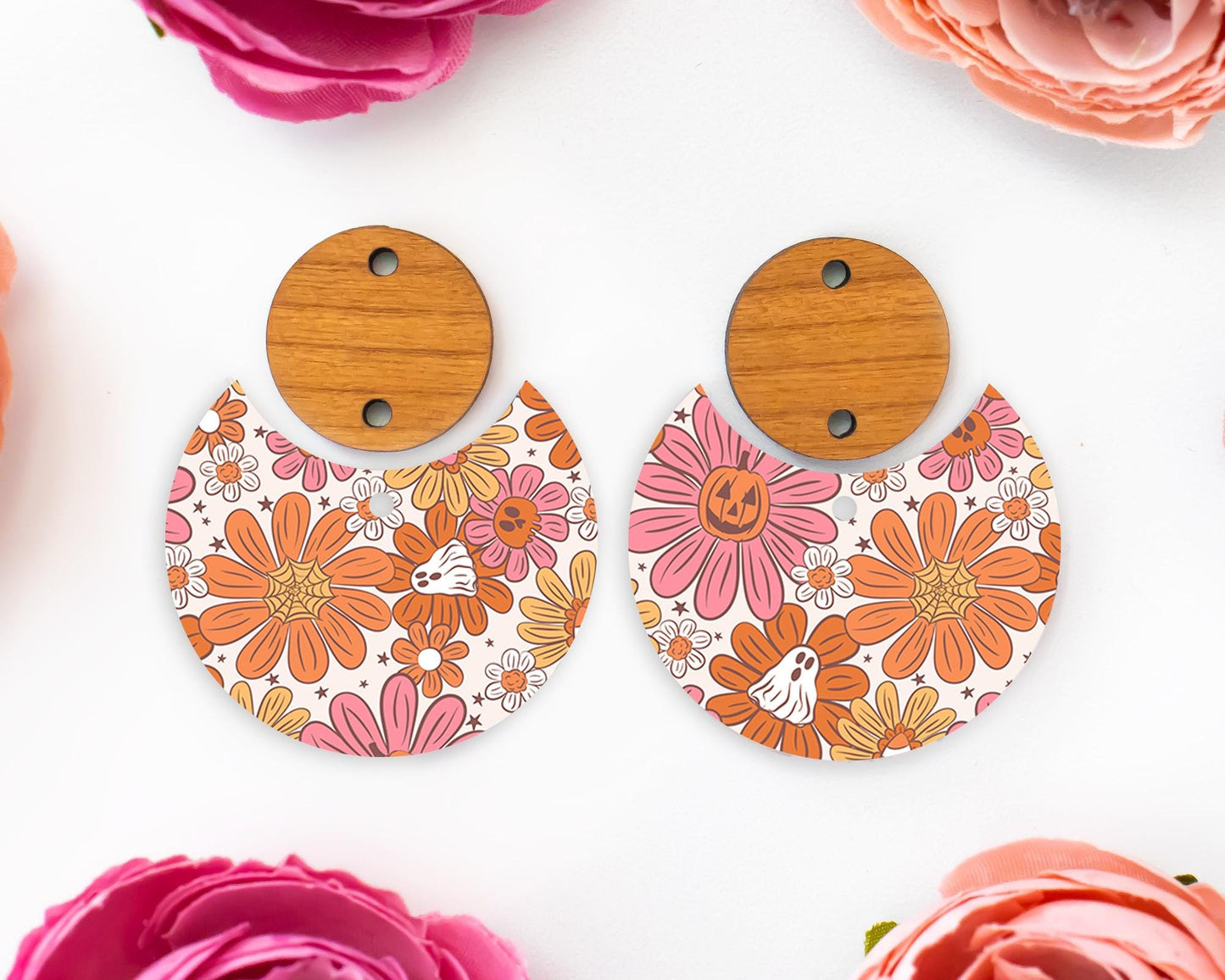 Ghost Flowers Halloween Circle Drop Earring Blanks