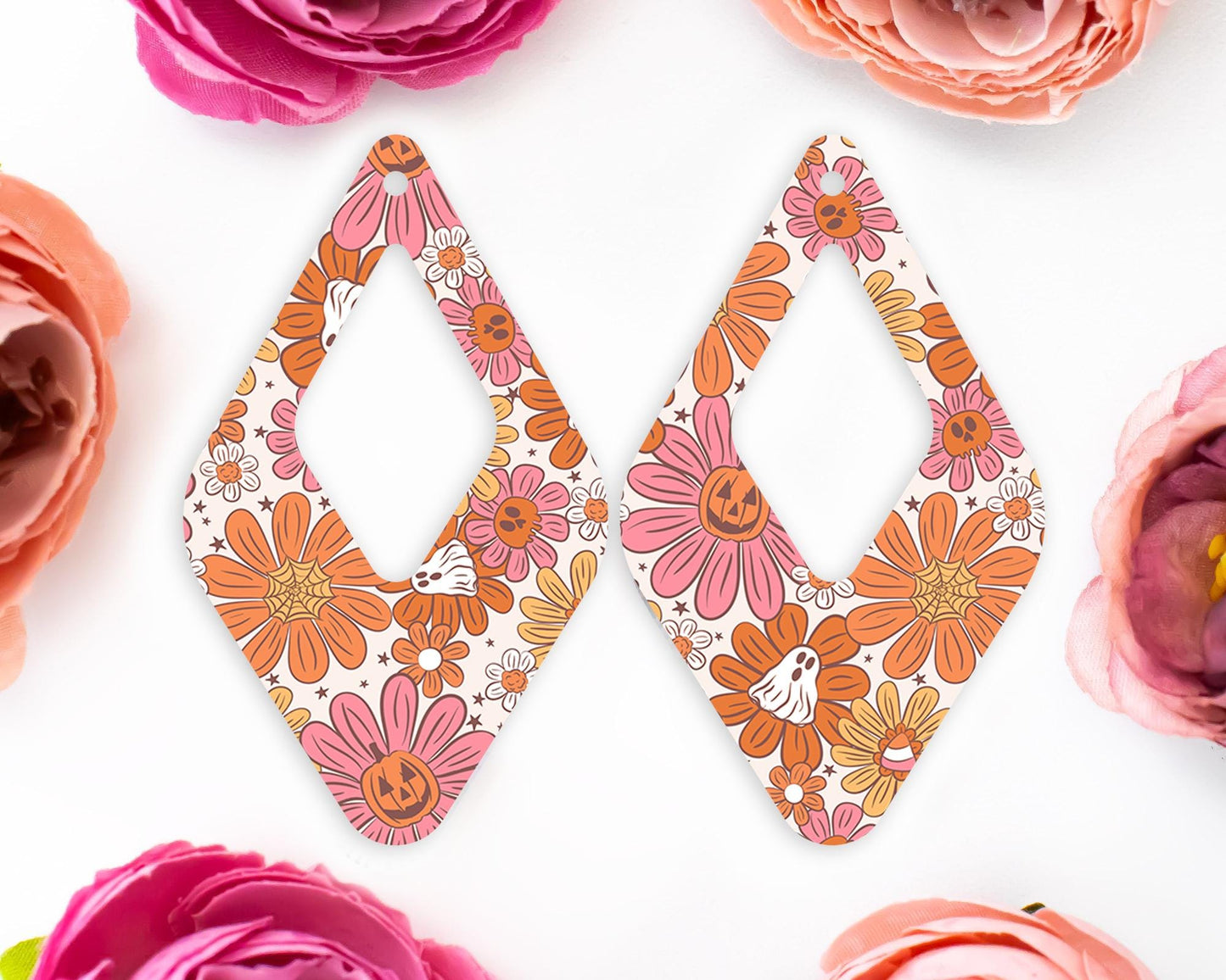 Ghost Flowers Halloween Diamond Teardrop Earrings Blanks