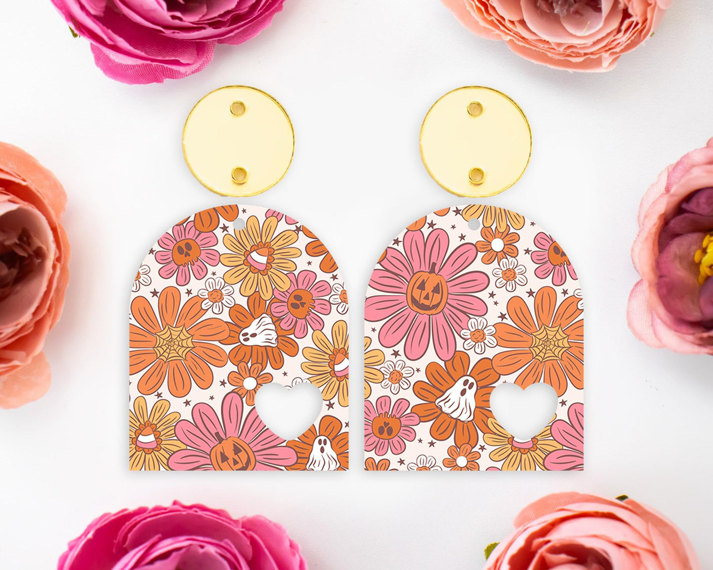 Ghost Flowers Halloween Heart Arch Acrylic Earrings Blanks