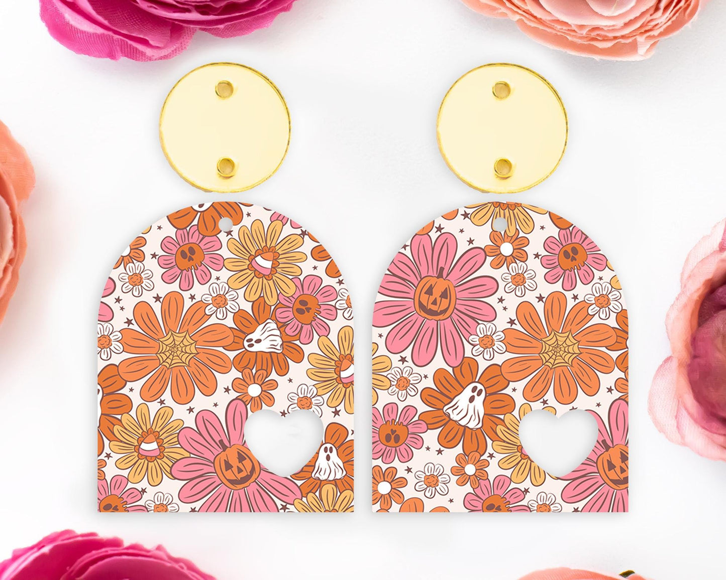 Ghost Flowers Halloween Heart Arch Acrylic Earrings Blanks