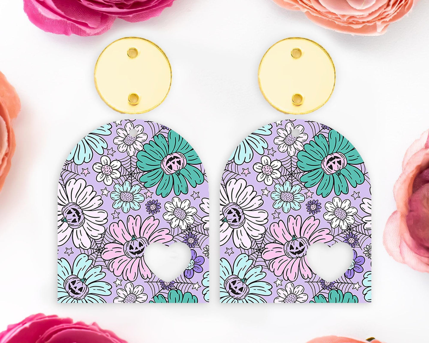 Floral Pumpkin Halloween Heart Arch Earrings Blanks