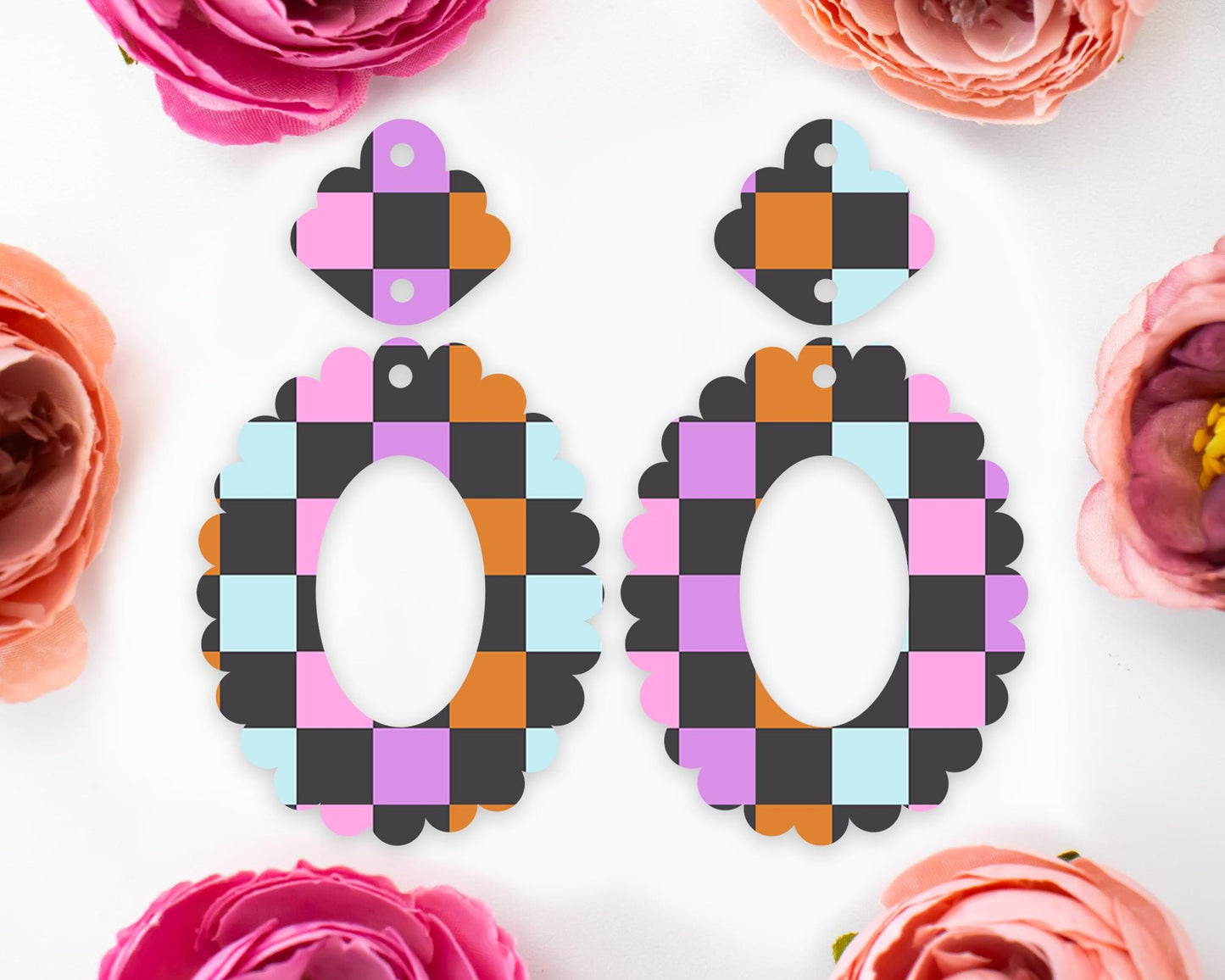 Halloween Checkered Scallop Oval Earring Blanks