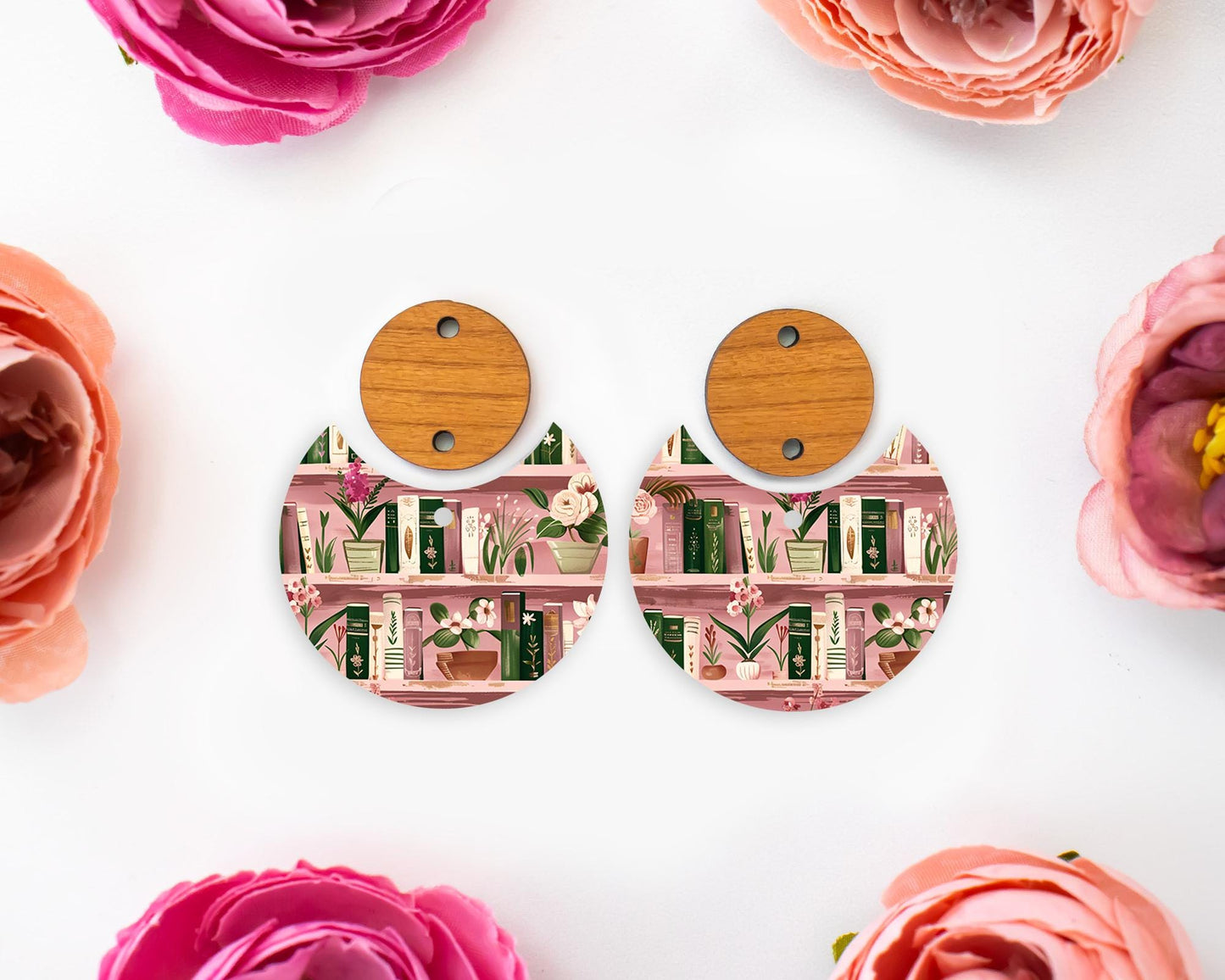 Pink Books Pattern Circle Drop Earring Blanks