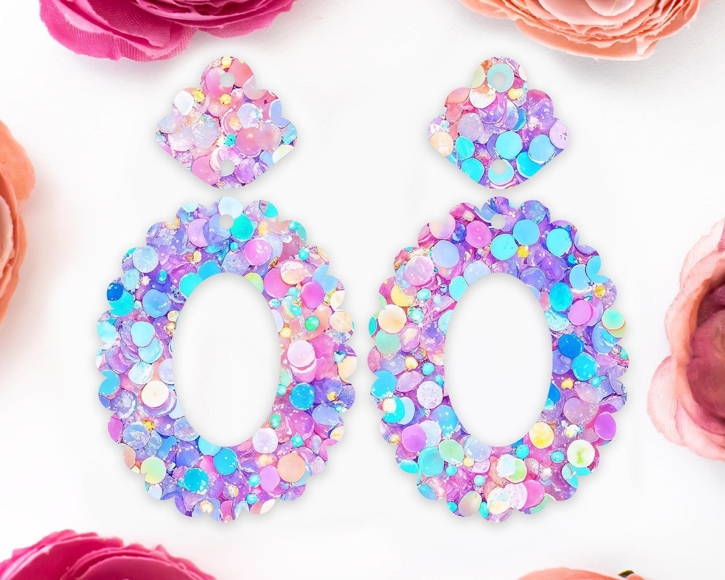 Pastel Confetti Sequins Scallop Oval Earrings Blanks
