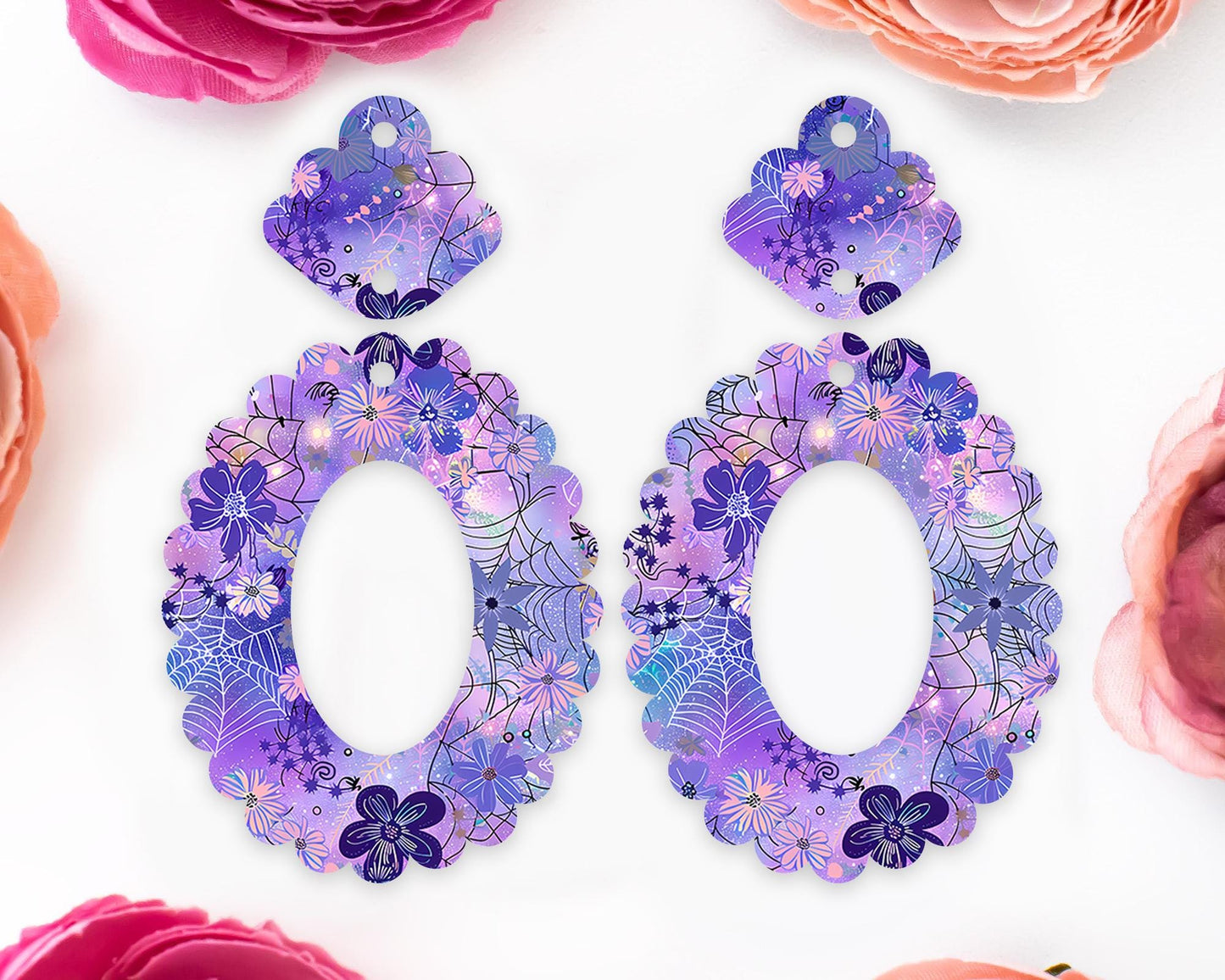 Floral Spider Webs Halloween Scallop Oval Earring Blanks