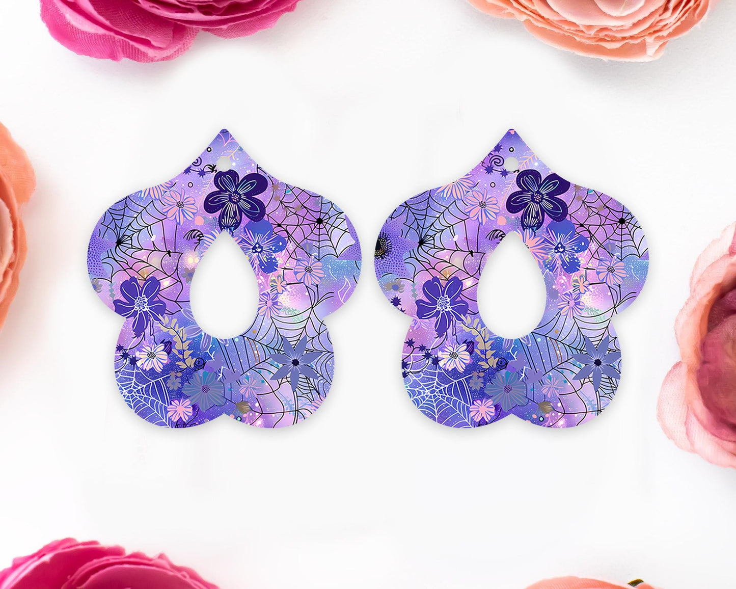 Floral Spider Web Halloween Teardrop Earrings Blanks