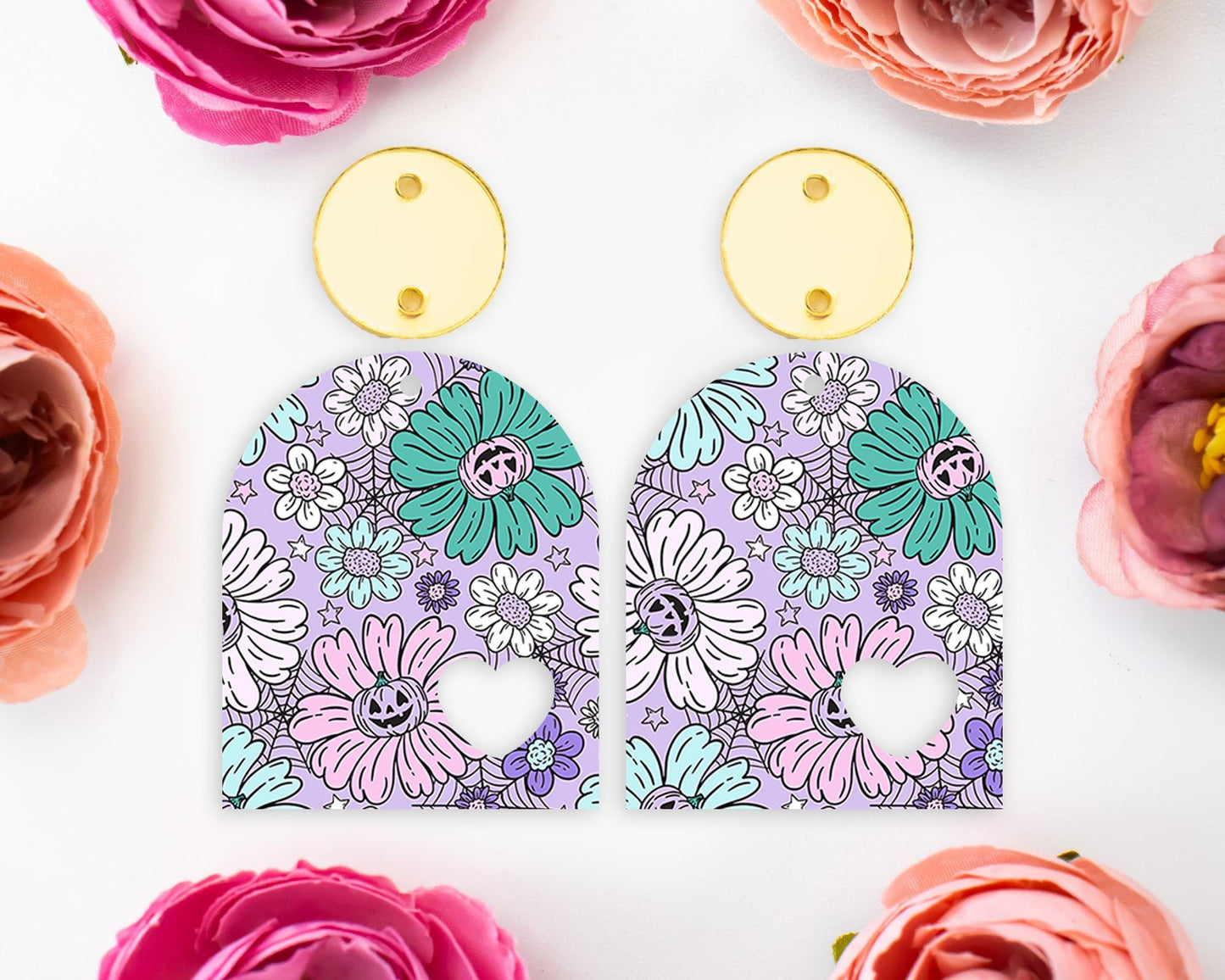 Floral Pumpkin Halloween Heart Arch Earrings Blanks