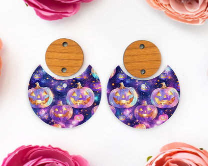 Purple Jack-o-Lantern Pumpkin Halloween Circle Drop Earring Blanks