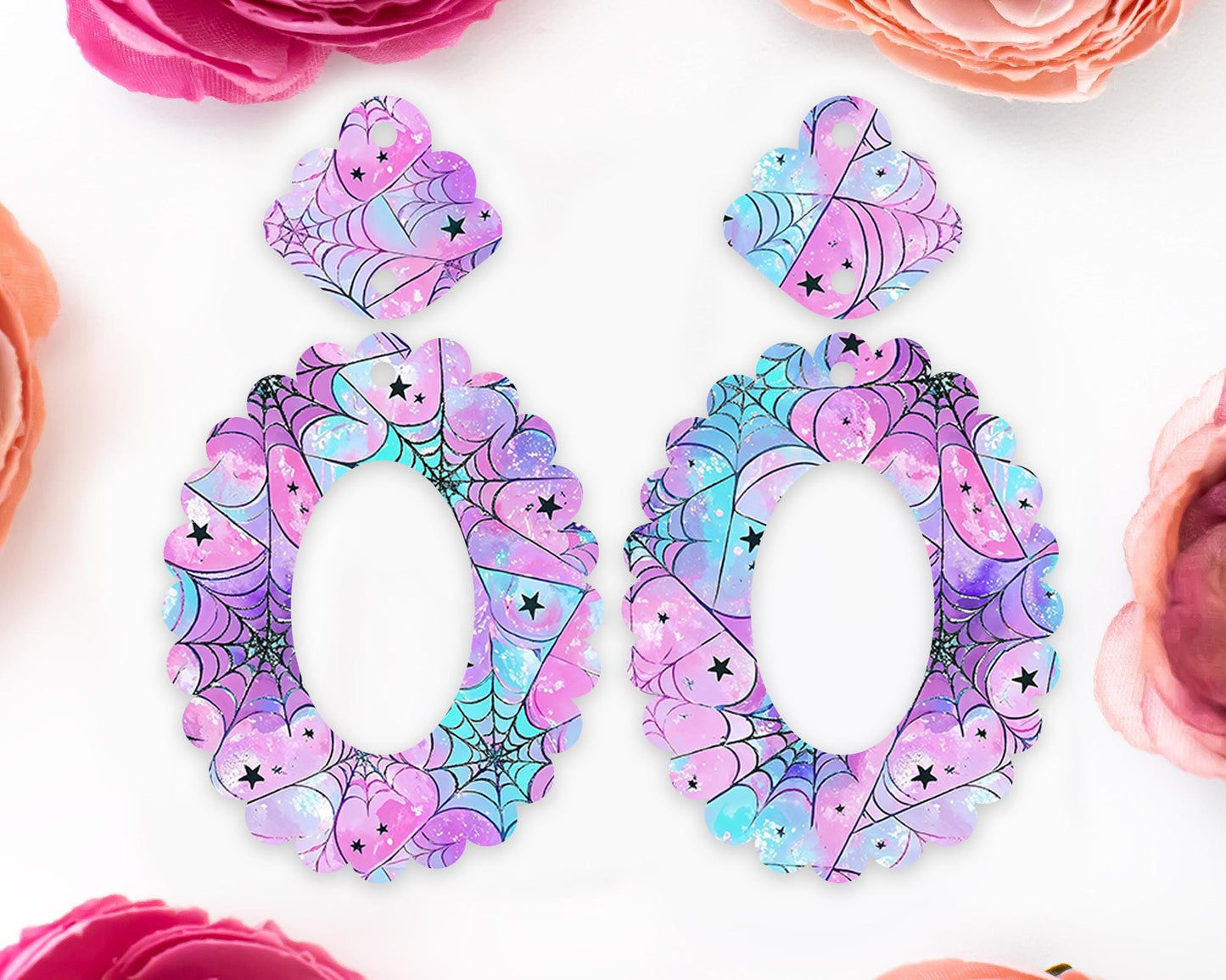 Pastel Spider Webs Halloween Scallop Oval Earring Blanks