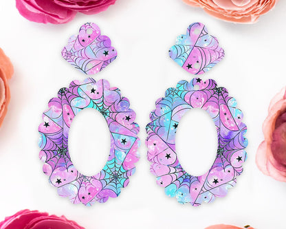 Pastel Spider Webs Halloween Scallop Oval Earring Blanks