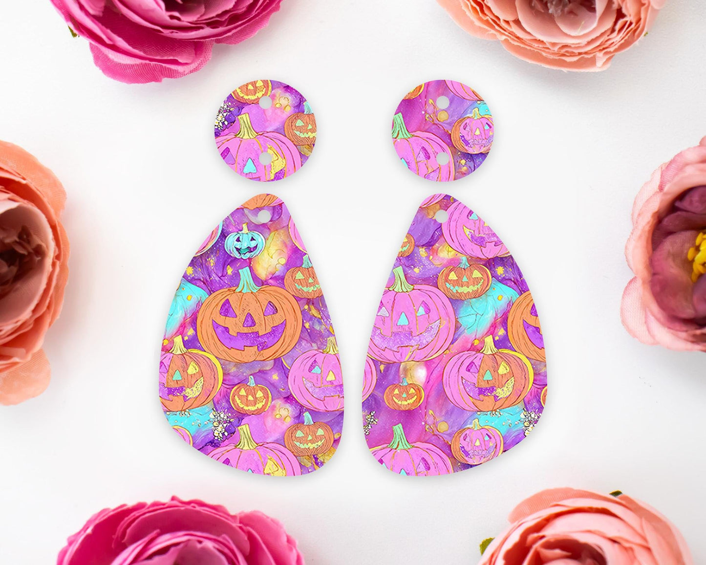 Pink Jack-o-Lantern Pumpkin Halloween Teardrop Earring Blanks