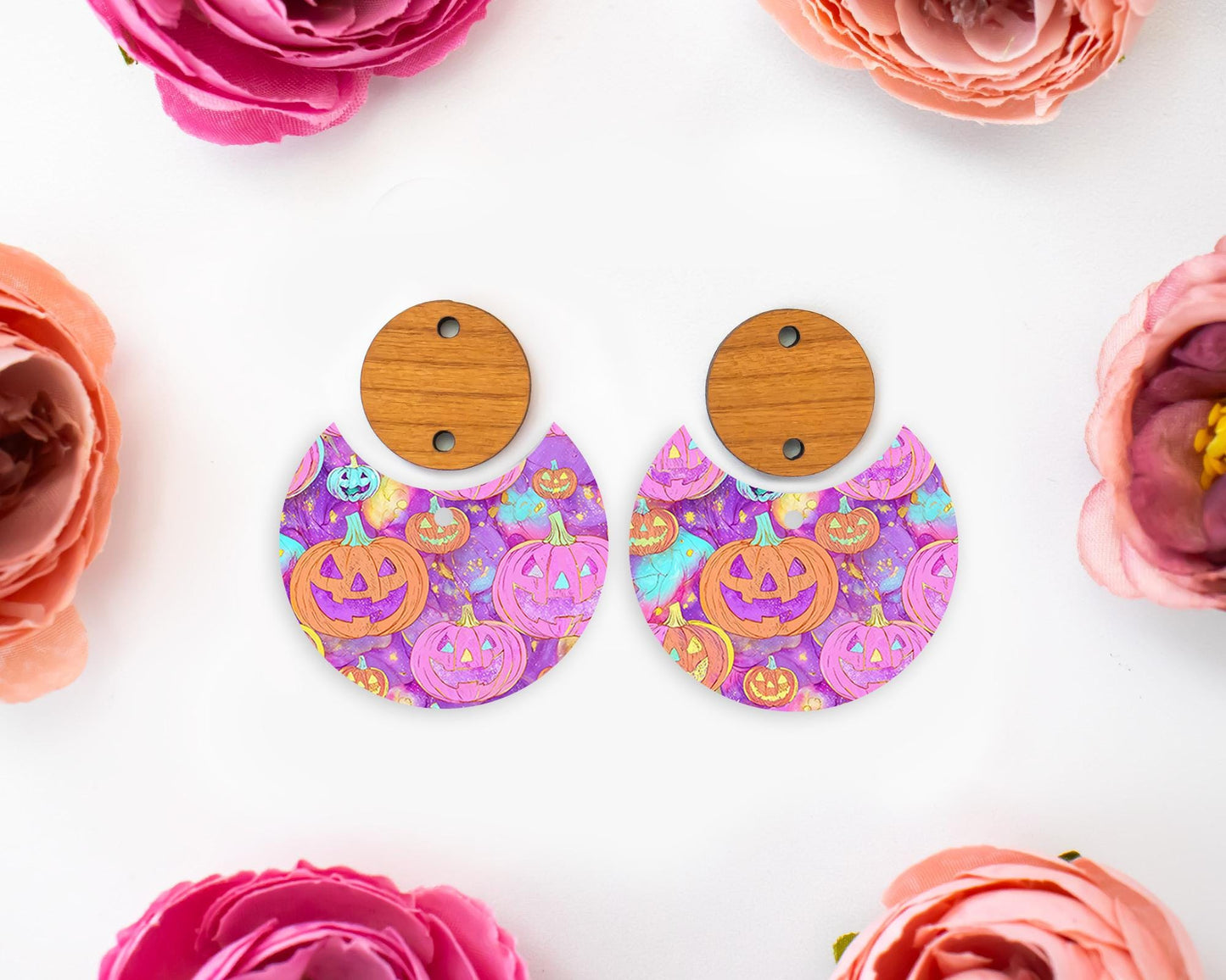 Pink Jack-o-Lantern Pumpkin Halloween Circle Drop Earring Blanks