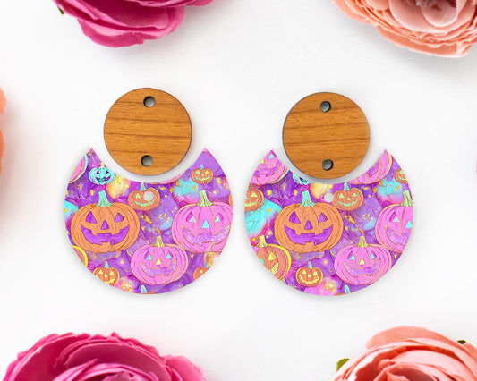 Pink Jack-o-Lantern Pumpkin Halloween Circle Drop Earring Blanks