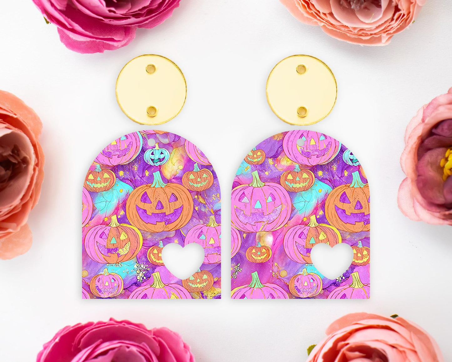 Pink Jack-o-Lantern Pumpkin Halloween Heart Arch Earring Blanks