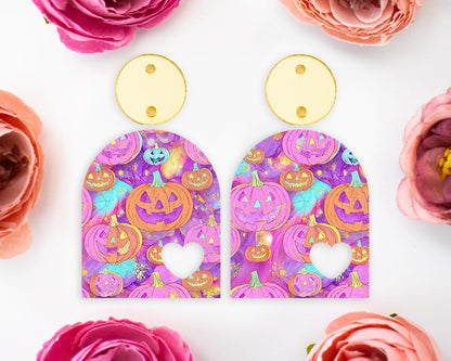 Pink Jack-o-Lantern Pumpkin Halloween Heart Arch Earring Blanks