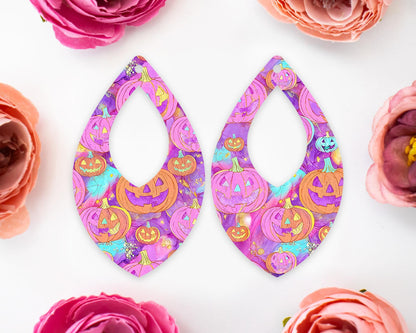 Pink Jack-o-Lantern Pumpkin Halloween Diamond Teardrop Earrings Blanks