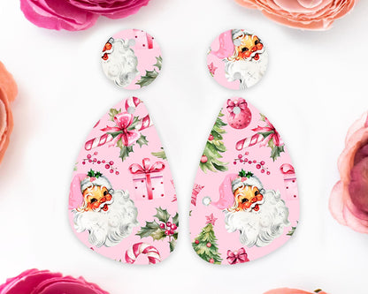 Pink Retro Santa Teardrop Christmas Earring Blanks