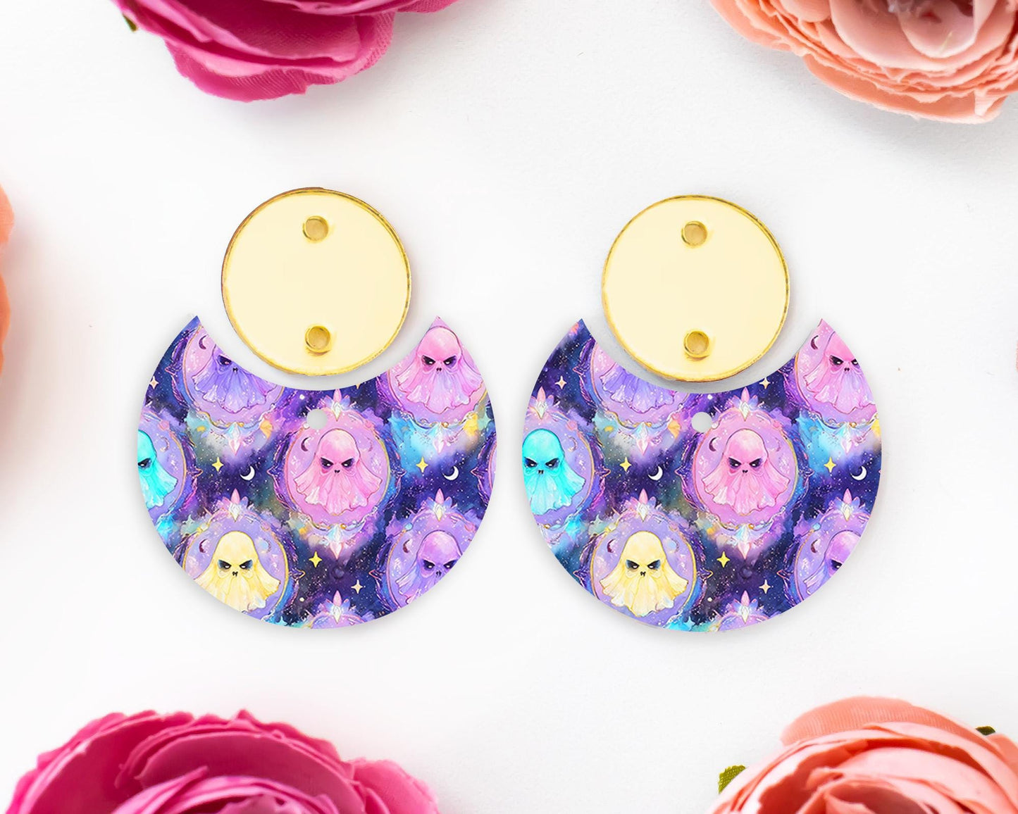 Spooky Pastel Ghosts Halloween Circle Drop Earring Blanks