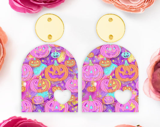 Pink Jack-o-Lantern Pumpkin Halloween Heart Arch Earring Blanks